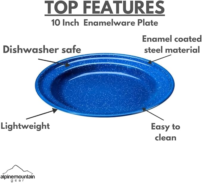 Enamelware for Camping and Backpacking - Camping Cookware Gear Essentials for Outdoor/Indoor Use and Backpacking Adventures (Made by Caddis Sports) (10 Inch Plate (4 Pack))