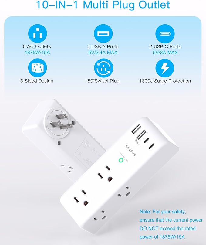 Surge Protector Outlet Extender with Rotating Plug, 6 AC Multi Plug Outlet with 4 USB Ports (3 USB C), 1800 J, 3-Sided Swivel Power Strip with Spaced Outlet Splitter for Dorm Office, White-2 Pack