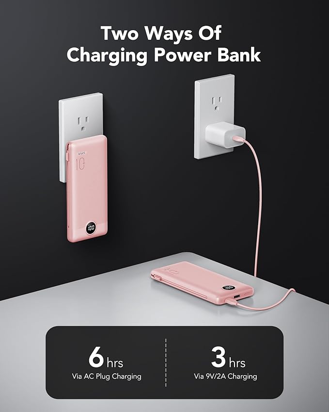 VRURC Portable Charger Power Bank with Wall Plug, 10000mAh Portable Charger with Built in Cables, PD 20W Fast Charging Portable Charger with Cords External Charger Travel Accessories-Pink(1 Pack)