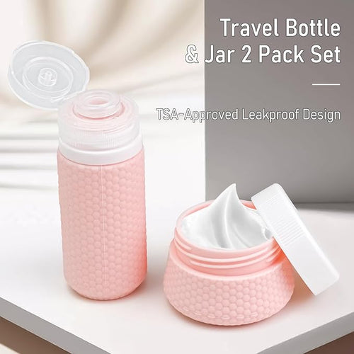 2 oz Travel Bottle Silicone Small Liquid Travel Containers 2 Pack Leak Proof TSA Approved Bottles On The Go Size Traveling Kit for Toiletries Shampoo Body Wash Skincare Lotion Women - Leather Pink
