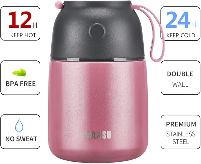 MAXSO Soup Thermo for Hot & Cold Food for Adults Kids, 17 oz Vacuum Insulated Steel Lunch Container Bento Box with Spoon, Leakproof Thermal Food Jar for School Office Travel - Pink
