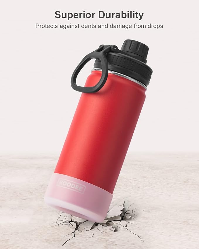koodee Kids 16 oz Stainless Steel Vacuum Insulated Water Bottle for Back to School Wide Mouth Flask with Leakproof Spout Lid (Canyon Red)