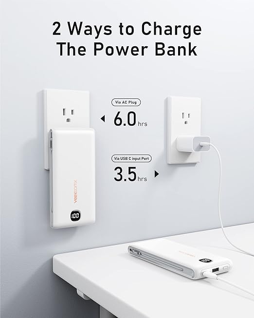 VEEKTOMX Portable Charger with Built in Cables 10000mAh, Power Bank for iPhone with Wall Plug, Travel Essential Fast Charging USB C Slim External Battery Pack for iPhone16/15/14, Samsung, iPad, etc