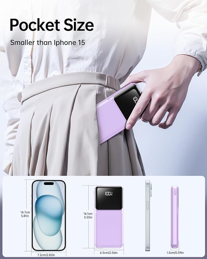 RONEGN Portable Charger with Built in Cable - 22.5W Power Bank Fast Charging USB C LED Display 10000mAh Travel Battery Pack 5 Outputs & 3 Inputs for iPhone Samsung Android iPad Phones Tablets etc