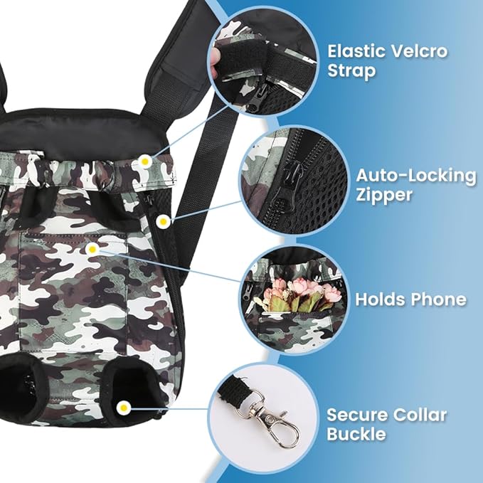 Dog Backpack Carrier, Front Pocket for Essentials, Pet Sling Front Backpacks for Small Medium Dogs 7-11 Lbs, Legs Out, Adjustable Wearable Puppy Chest Travel Bag, Easy-Fit for Hiking/Walking/Camping
