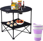 Camping Table, 2-Tier Folding Portable Table with 4 Cup Holders, Camping Cip & Carry Bags for Camping, Collapsible Table Steel Frame, High-Grade 600D Canvas, for BBQ, Fishing, and Picnic
