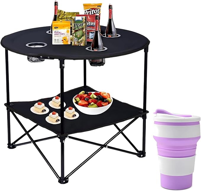 Camping Table, 2-Tier Folding Portable Table with 4 Cup Holders, Camping Cip & Carry Bags for Camping, Collapsible Table Steel Frame, High-Grade 600D Canvas, for BBQ, Fishing, and Picnic