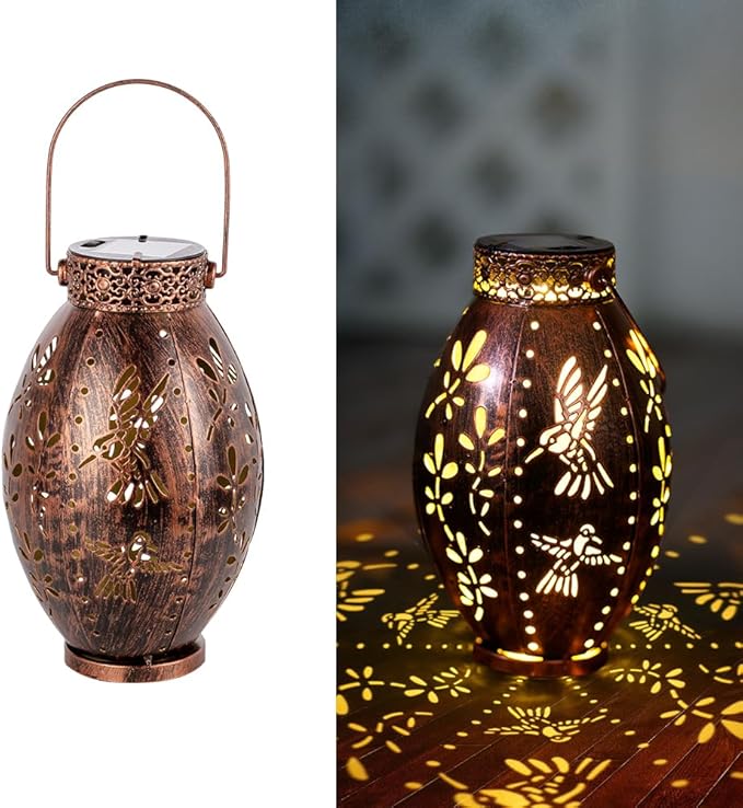 Stargarden Solar Lantern, 2 Pack Decorative Lanterns Outdoor Waterproof Solar Lights Outdoor, Hollow Out Hummingbird Pattern Hanging Lanterns for Yard ,Copper