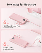 VRURC Portable Charger Power Bank, 10000mAh Travel Essentials Battery Pack, 5 Outputs 2 Inputs Slim Charging Bank Built-in Cables Cords Wires Compatible with iPhone,Samsung,Android-Pink(1 Pack)