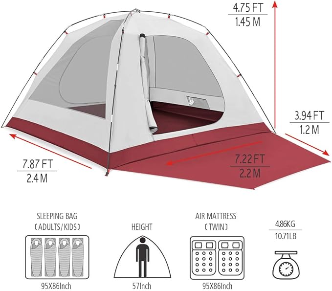 KAZOO 2／4 Person Camping Tent Outdoor Waterproof Family Large Tents 2/4 People Easy Setup Tent with Porch Double Layer