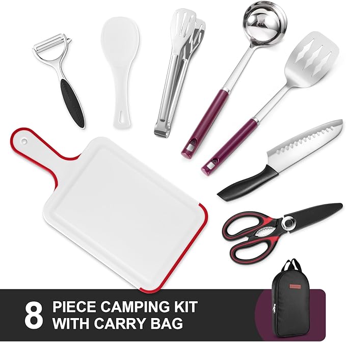 Odoland 8Pcs Camping Cooking Utensils Set for Family & Adults, Kitchen Utensil with Tongs, Scissors, Cutting Board, and Water Resistant Case for Picnic, Hiking, Backpacking, Outdoor Camping