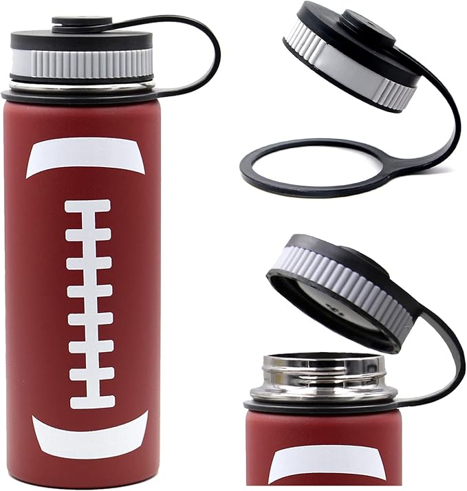 18 oz Football Water Bottle, Sports Cup Flask Metal Travel Mug with 2 Lids, Stainless Steel Double Wall Vacuum Insulated Leak Proof Water Bottles, Football Accessories Stuff Gifts for Boys Girls Fans