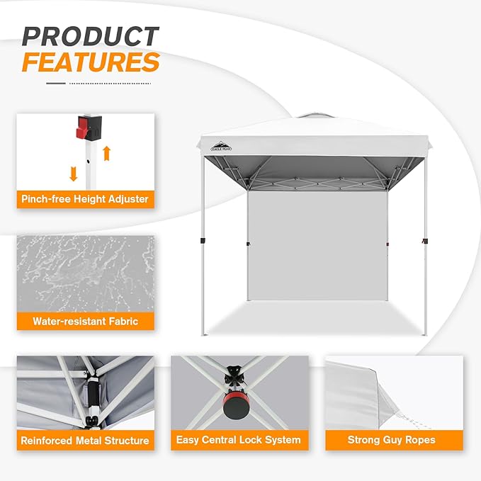 EAGLE PEAK Pop Up Canopy Tent with 1 Sidewall, Easy Setup Event Tent, Outdoor Sun Shade, Wheeled Carry Bag, Stakes and Guy Ropes, Instant Canopy 8x8, White