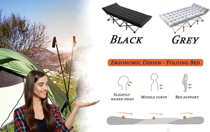 Oversized XXL Camping Cot, Folding Cot Camping Cots for Adults Portable Folding Outdoor Bed with Mat and Carry Bag, Heavy Duty Sleeping Cots for Outdoor Travel Camp Beach Vacation (Black)