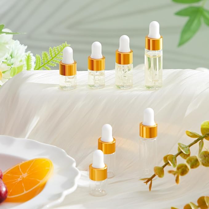 100 Pcs Mini Glass Oil Dropper Bottle Bulk, Clear Essential Small Empty Bottles Sample Containers Perfume Liquid Vials with Cap for Traveling (1ml,2ml,3ml,5ml,Gold)