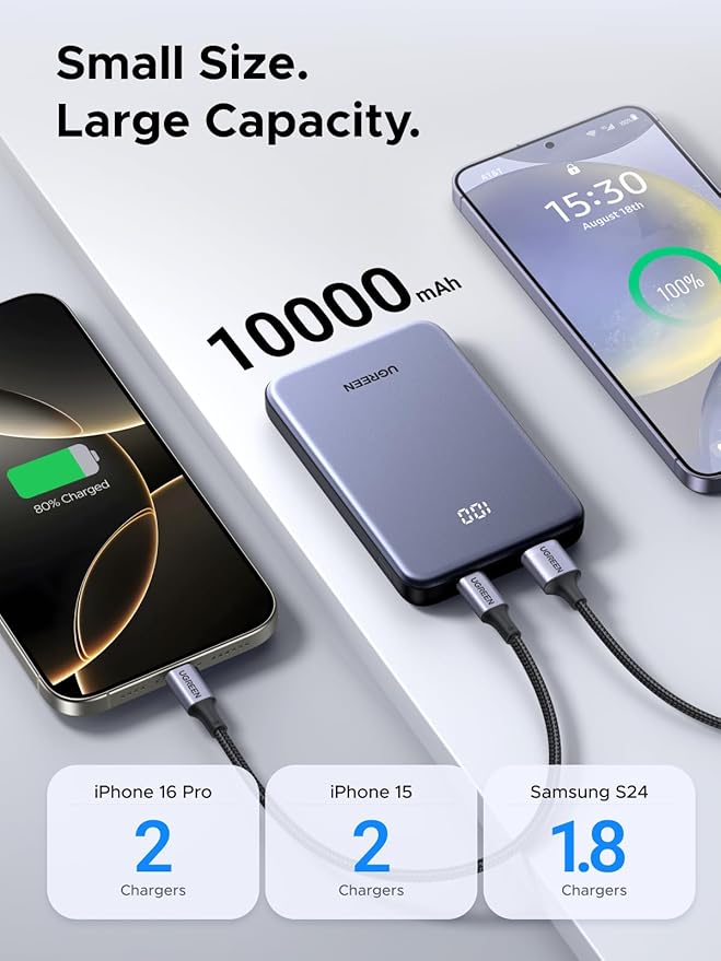 UGREEN Power Bank 10,000mAh 22.5W, Compact Portable Charger USB-C PD3.0 Travel Fast Charging Battery Pack with Digital Display for iPhone 17/16/15/14/13/12 Pro Max, Galaxy S25/S24 Ultra