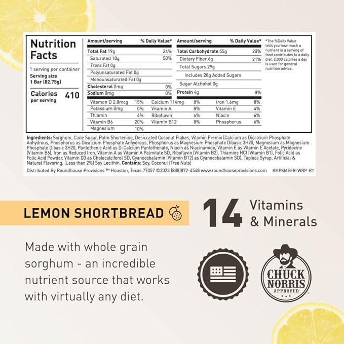 Roundhouse Provisions by Chuck Norris Emergency Food Bars - High Calorie Lemon Shortbread, 14 Vitamins & Minerals - Whole Grain Sorghum, 5-Year Shelf Life - Survival Rations for Crisis & Adventure