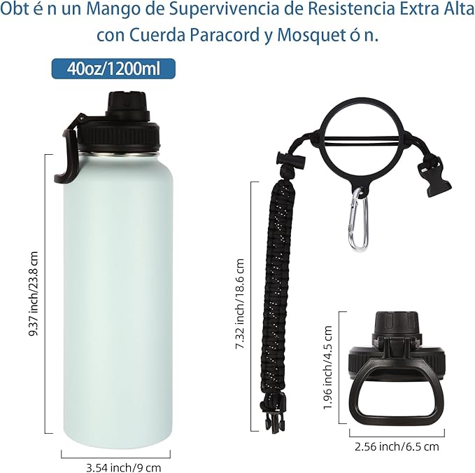 Volhoply Insulated Water Bottles Bulk 8 Pack, 40 oz Stainless Steel Sports Bottle with Paracord Handle Spout Lid, Double Walled Vacuum Metal Travel Cups with Wide Mouth for Adults Hiking(Fog,8 Set)