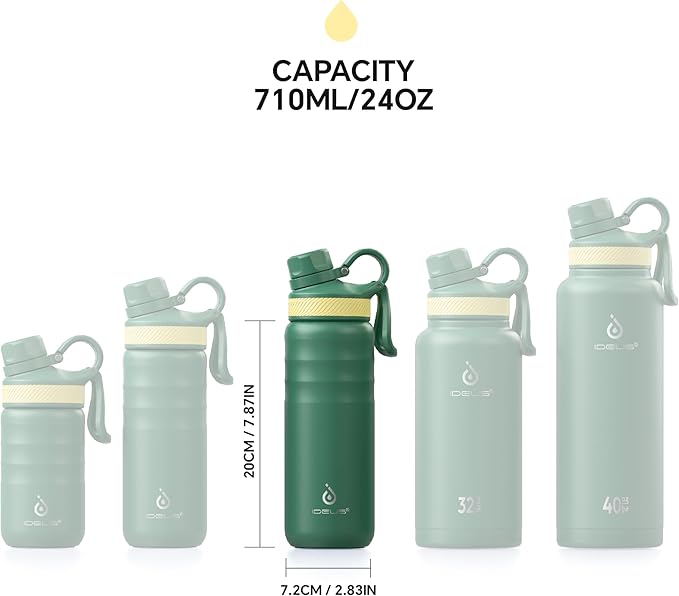 IDEUS Insulated Stainless Steel Water Bottle with 2 Leak-Proof Lids, Thermal Water Flask for Hiking Biking, 24oz, Green
