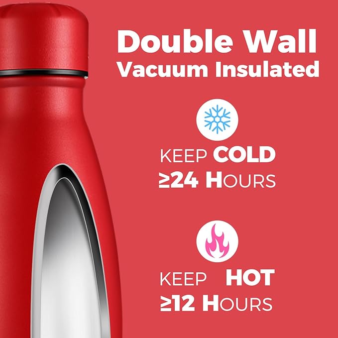 Volhoply 25oz Insulated Water Bottles 1/2/4 Pack, Double Wall Stainless Steel Vacuum Flask Keeps Cold & Hot, BPA Free Leakproof Bottle (Red,2 Pack)
