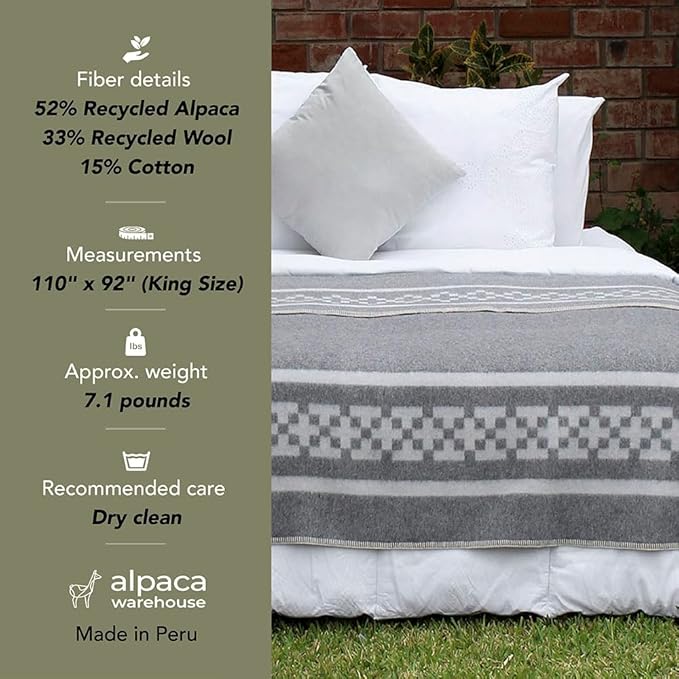 Inca Wall - Thick Alpaca Wool Blanket Heavyweight Camping Outdoors Indoors Soft Peru King Size New Ethnic Design (Soft Gray/Ivory, King Size)