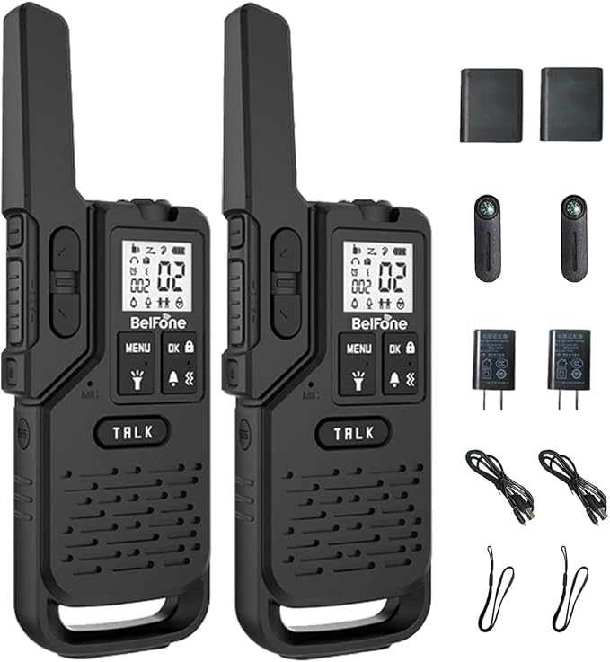 Two BelFone Long Range Walkie Talkies-20 Channels Professional Two Way Radio,IP54 Waterproof Walkie Talkies for Adults,with Flashlight, Stopwatch,Compass,Radio and SOS Sire,Support VOX Function