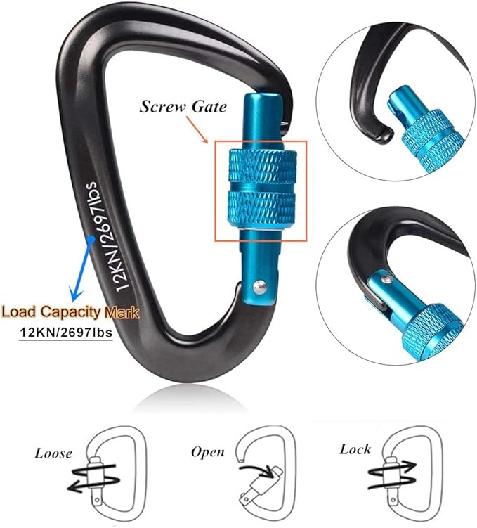 STURME Carabiner Clip 12KN Aluminium Wiregate Lightweight Heavy Duty Large Strong Durable D-Ring Hooks Spring Snap Link Keychain Clips Set for Hammock Improved Design 2022