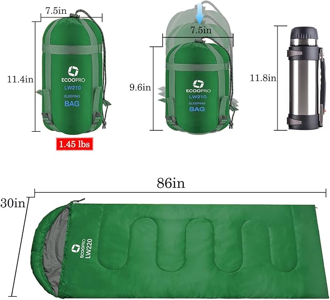 ECOOPRO Warm Weather Sleeping Bag - Portable, Waterproof, Compact Lightweight, Comfort with Compression Sack - Great for Outdoor Camping, Backpacking & Hiking-83 L x 30" W Fits Adults