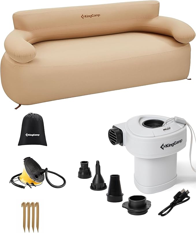 KingCamp Double Inflatable Couch with Electric Air Pump, 2-Person Camping Sofa with Eco PVC Liner, Footrest, Pegs, Repair Kit & Quick-Fill Pump for Outdoor, Tent, Travel
