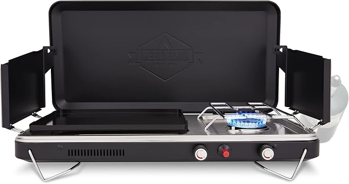 Hike Crew 2-in-1 Gas Camping Stove and Griddle, Portable Propane Burner w/Integrated Igniter & Stainless Drip Tray | Built-in Carrying Handle, Foldable Legs & Wind Panels | Includes Regulator