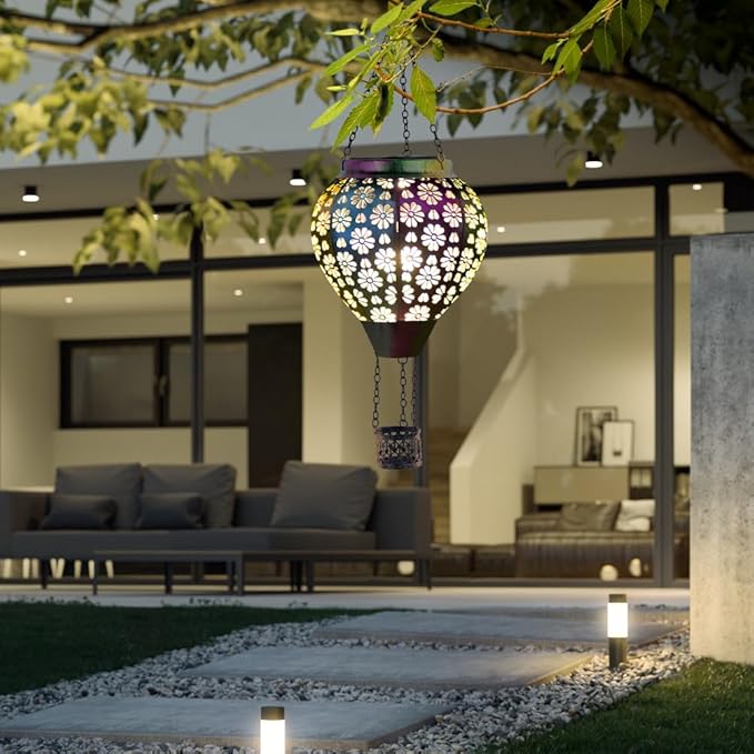Stargarden Hot Air Balloon Solar Lantern, Flower Hollow Out Lanterns Decorative Outdoor, Colorful Hot Air Balloon Handmade Lighting Products, Metal Solar Hanging Lights Outdoor for Yard