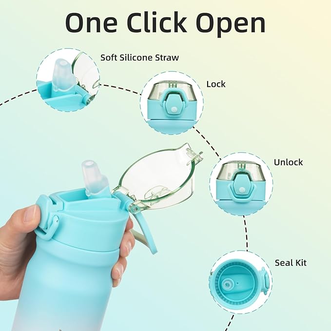 BJPKPK 14oz Insulated Water Bottle With Straw Stainless Steel Double Wall Water Bottles BPA Free Leak Proof Thermo With Lockable Flip Lid And Soft Silicone Spout,Sea Salt