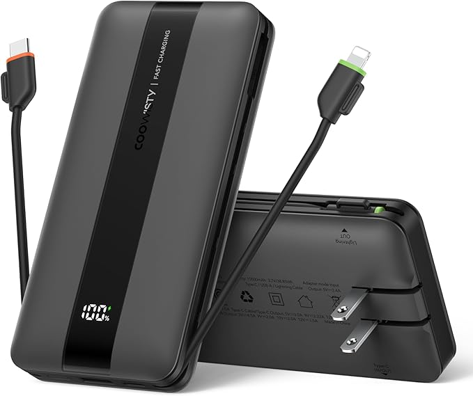 Portable Charger with Foldable AC Wall Plug, Fast Charging 10500mAh 22.5W Power Bank with Built-in Cables, 4 Outputs 3 Inputs LED Display Slim Battery Pack Compatible with iPhone/Android (Black)