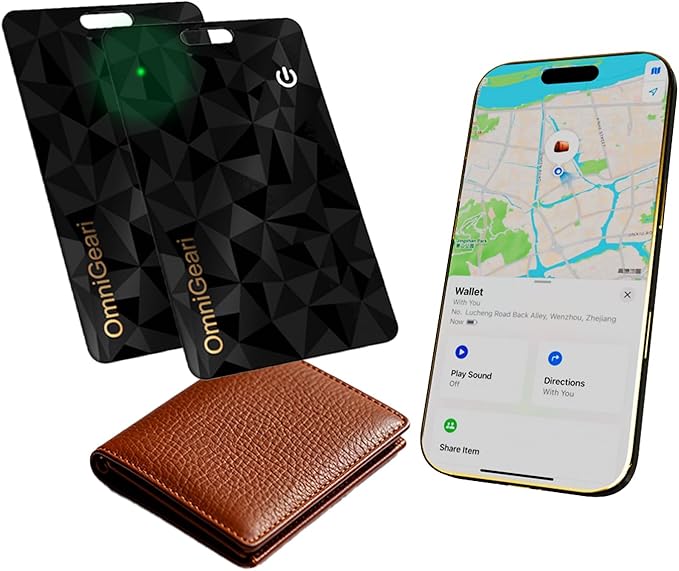 【2 Pack】 OMNIGEARI (iOS Only) 2025 New Wallet Tracker Card for Apple Find My [Apple MFi Certified] 0.07 inch Super Slim 1 Year Battery Bluetooth Smart Finder GPS Item Locator for iPhone iPad