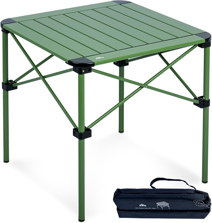 iClimb Lightweight Stable Alu. Folding Square Table Roll Up Top with Carry Bag for Camping Picnic Backyards BBQ Camp Kitchen (Green, M)