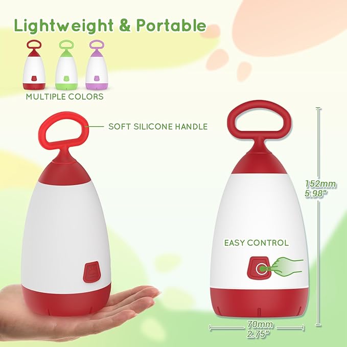 Kids Camping Lantern & Night Light Battery Powered, 360° Eye-Safe Light (AAA Included), IPX4 Waterproof with RGB Modes Portable for Outdoor, Emergency & Bedtime, Gift for Children (Red)