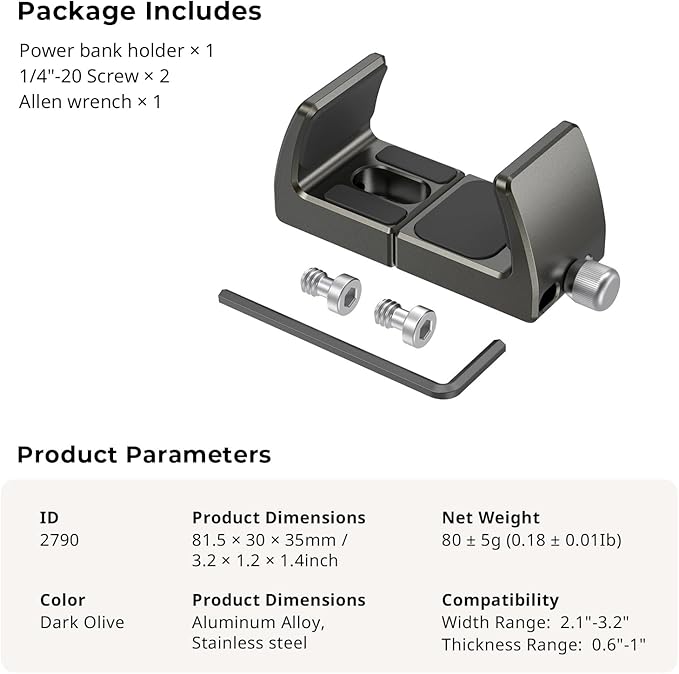 SMALLRIG Power Bank Holder, Power Bank Clamp Mount for Camera, Compatible with Width Range 2.1"–3.3" and Thickness Range 0.6"–1" Power Banks2790