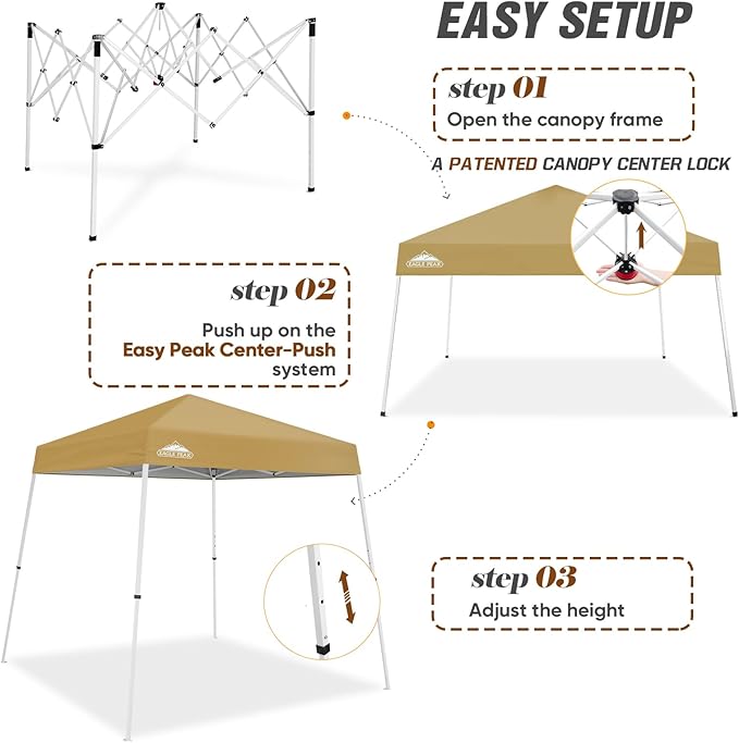 EAGLE PEAK 8x8 Slant Leg Pop-up Canopy Tent Easy One Person Setup Instant Outdoor Beach Canopy Folding Portable Sports Shelter 8x8 Base 6x6 Top (Beige)