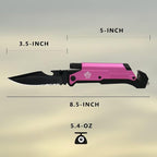 8.5" Military Outdoor Hunting Camping Pocket Knife, 7 in 1 Multi-Function Folding Knives with Fire Starter LED Light Seatbelt Cutter Glass Breaker Bottle Opener Tactical Blade (Pink)