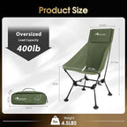 MOON LENCE Oversized Camping Chair for Adults, Height Adjustable High-Back Folding Camping Chair with 400 lbs Capacity, Hidden Pillow Pocket and Wide Seat for Camping, Hiking, Picnics, Green