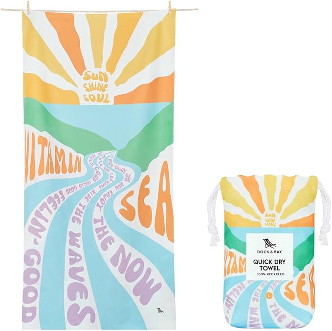 Dock & Bay Beach Towel - Quick Dry, Sand Free - Compact, Lightweight - 100% Recycled - Includes Bag - Vitamin Sea - Large (160x90cm, 63x35)