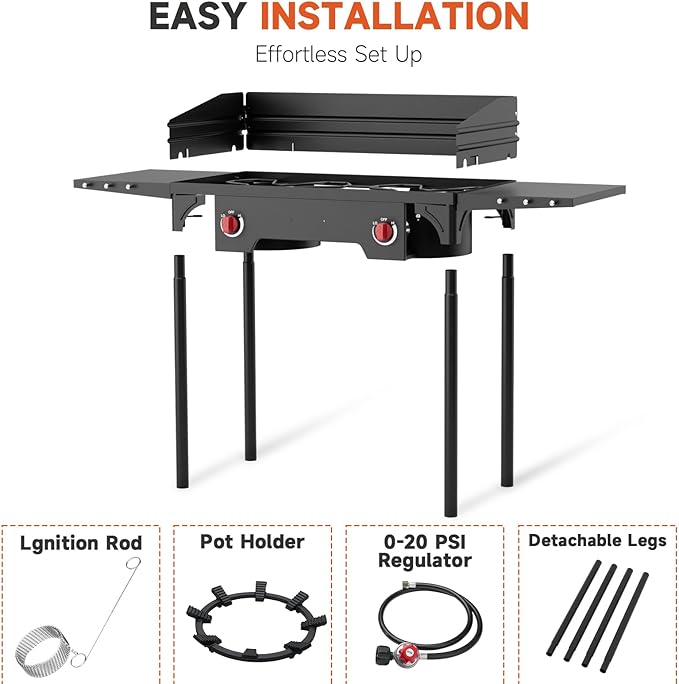 High Pressure Propane Stove, 2 Burner Outdoor Propane Burner with Windscreen ＆ Side Shelves, 150,000 BTU Gas Stove with 0-20 PSI Regulator for Camping, Backyard, Picnic, Outdoor Cooking