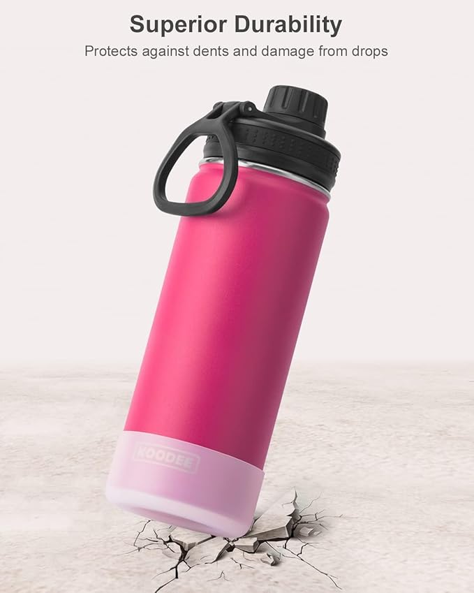 koodee Insulated Water Bottle, 18 oz Stainless Steel Double Wall Vacuum Wide Mouth Sport Bottle with Leakproof Spout Lid (Rose Red)