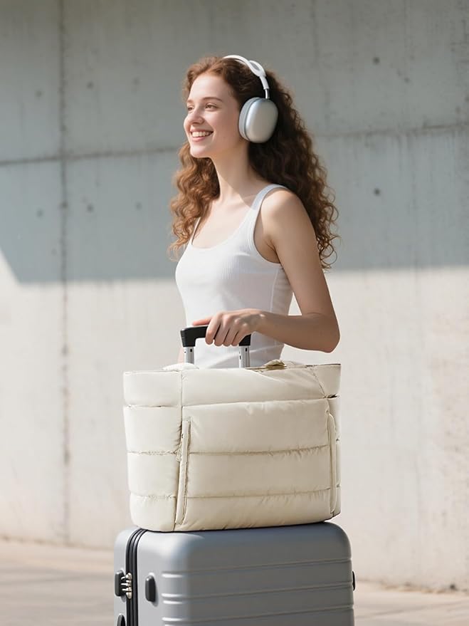 Puffer Tote Bag for Women, Lightweight Puffy Work Handbag Teacher Nurse Quilted Shoulder Bag for School Travel Gym