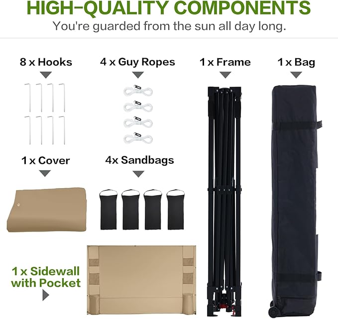 10'x10' Pop Up Canopy Tent with 1 Sidewall and 6 Pockets, One Push Setup, Instant Shade Tent with Vented Roof for Beach Patio Outdoor, Case, 8 Stakes, 4 Ropes, 4 Sandbags (Khaki, 10x10)