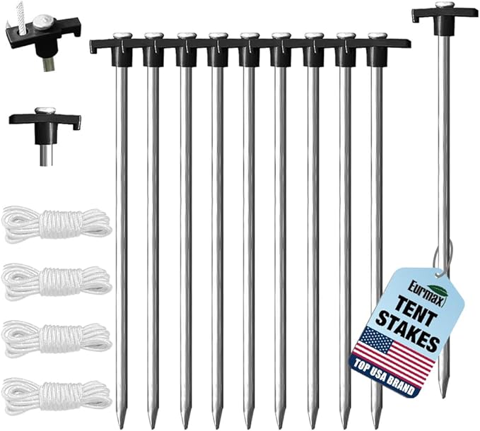 Eurmax USA Galvanized Non-Rust Camping Family Tent Pop Up Tent Stakes Canopy Anchors Heavy Duty 10pc-Pack, with 4x10ft Ropes & 1 Stopper(Black)