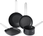 THE ROCK Single Serve Nonstick Pots and Pans Set, 4pc Portion Control Cookware Set with Rock.Tec, Scratch/Stain/Crack Proof, Oven & Dishwasher Safe, Perfect for Dorm, Camping & Small Kitchens, Black