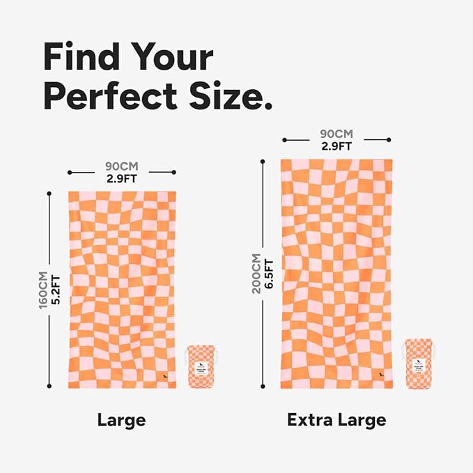 Dock & Bay Beach Towel - Quick Dry, Sand Free - Compact, Lightweight - 100% Recycled - Includes Bag - Groovy Check - Extra Large (200x90cm, 78x35)