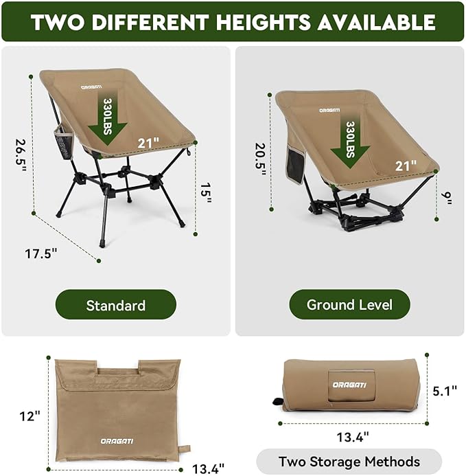Lightweight Camping Chair, Portable Folding Chair for Camp, Backpacking, Beach, Hiking, Outdoors, Picnics, Khaki