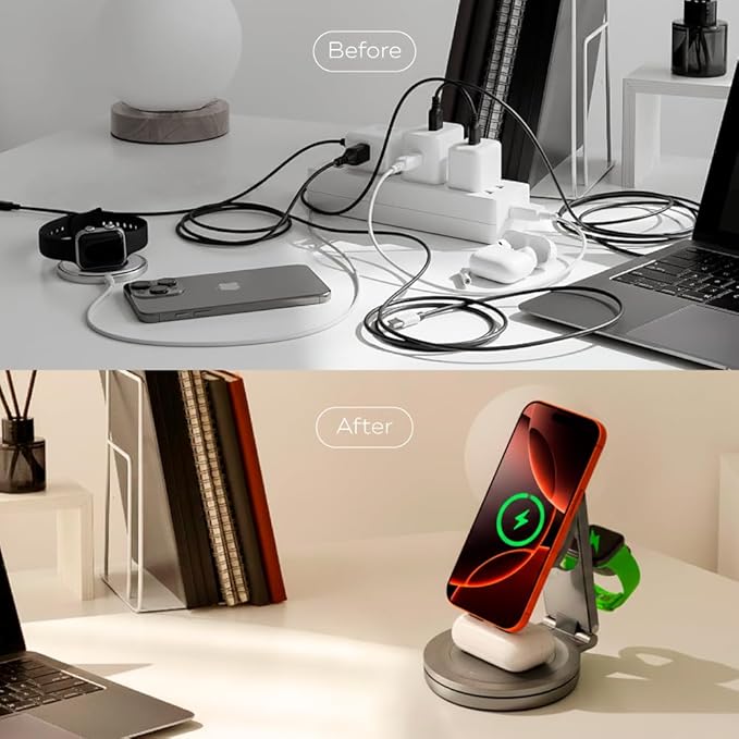 3 in 1 Magnetic Wireless Charger Station for Apple Devices, MagSafe iPhone & Watch, Earbuds Dock, Ultra-Slim Foldable Stand, 360° Adjustable, USB-C & Charging Cube, Travel-Ready.